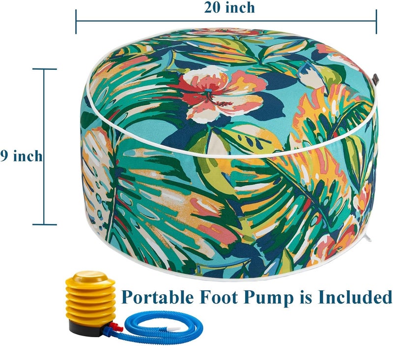 FUNHOME Inflatable Stool Ottoman Footrest with Handle, All Weather Footrest Seat with Foot Pump D20 xH9, Water Repellent Footstool Pouf for Home Patio Garden and Camping Use-Rosario Flower Leaf - Image 3